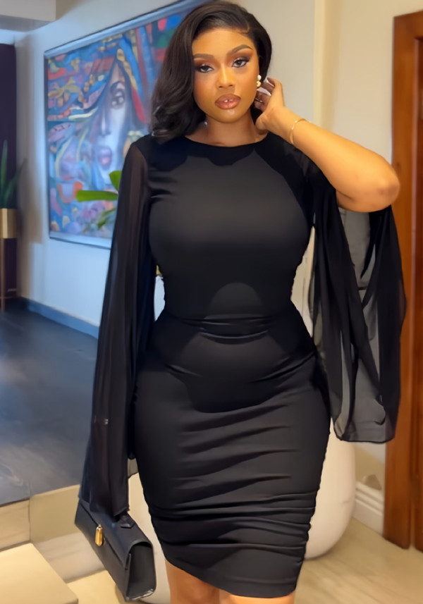 Women Fall Solid Round Neck Bell Bottom Sleeve Sexy Backless Bodycon Dress