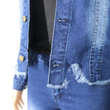 Women Stretchy Denim Pants Ripped Top and Pant Two-Piece Set