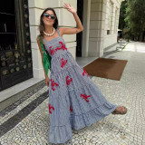 Women Embroidered Pleated Beach Holidays Strap Dress