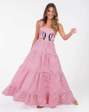 Women Embroidered Pleated Beach Holidays Strap Dress