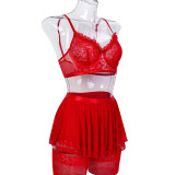 Red Mesh Multi-Layer Lace Patchwork Sexy Lingerie With Socks