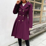 Women Fall and Winter Turndown Collar Double-Breasted Pocket Windbreaker