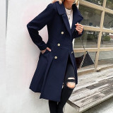 Women Fall and Winter Turndown Collar Double-Breasted Pocket Windbreaker