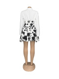 Women gold button puffy skirt shirt and printed Skirt Two Piece Set