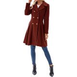 Women Fall and Winter Turndown Collar Double-Breasted Pocket Windbreaker