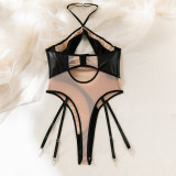 Sexy Mesh Pu Leather Patchwork See-Through Slim Halter Neck Bodysuit