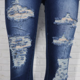 Women Stretchy Denim Pants Ripped Top and Pant Two-Piece Set