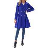 Women Fall and Winter Turndown Collar Double-Breasted Pocket Windbreaker