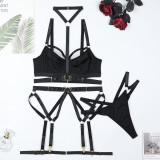 Lace-Up Cross Straps Black Hollow Halter Neck Hollow Sexy Lingerie Four-Piece Set For Women