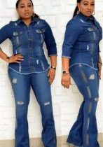 Women African Stretchy Top and Bell Bottom Denim Pants Two Piece