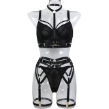 Lace-Up Cross Straps Black Hollow Halter Neck Hollow Sexy Lingerie Four-Piece Set For Women