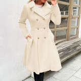 Women Fall and Winter Turndown Collar Double-Breasted Pocket Windbreaker