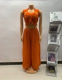 Women African Pleated Top + Wide Leg Pants Two-Piece Set