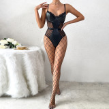 Sexy Black Pu Leather Lace Tight Fitting Strap Bodysuit With Fishnet Stockings Set