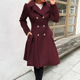 Women Fall and Winter Turndown Collar Double-Breasted Pocket Windbreaker