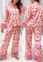 Women Heart Print Printed Casual Pajamas Two-Piece Set
