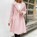 Women Fall and Winter Turndown Collar Double-Breasted Pocket Windbreaker