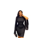 Women Fall Solid Round Neck Bell Bottom Sleeve Sexy Backless Bodycon Dress