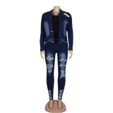 Women Stretchy Denim Pants Ripped Top and Pant Two-Piece Set