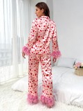 Women Heart Print Printed Casual Pajamas Two-Piece Set