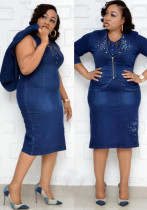 Women African Denim Stretchy Beaded Jacket and Skirt Two-Piece Set