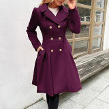 Women Fall and Winter Turndown Collar Double-Breasted Pocket Windbreaker