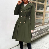 Women Fall and Winter Turndown Collar Double-Breasted Pocket Windbreaker