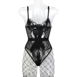 Sexy Black Pu Leather Lace Tight Fitting Strap Bodysuit With Fishnet Stockings Set