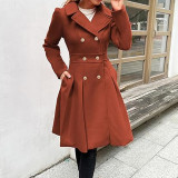 Women Fall and Winter Turndown Collar Double-Breasted Pocket Windbreaker