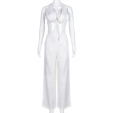 Summer Sexy Slim-Fitting Lace-Up Crop Turndown Collar Two Piece Pants Set For Women