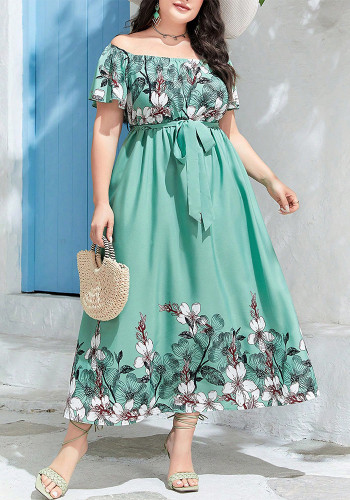 Off Shoulder Slim Waist Print A-Line Plus Size Elegant Chic Holidays Long Dress