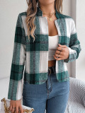 Autumn Winter Casual Plaid Long Sleeve Women Tweed Coat