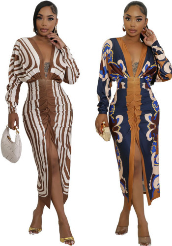 Women's Autumn Casual Printed V-Neck Long-Sleeved Sexy Dress