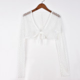 Autumn Sexy Slim Hollow Crop Mesh Two Piece Skirt Set