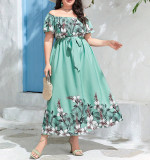 Off Shoulder Slim Waist Print A-Line Plus Size Elegant Chic Holidays Long Dress