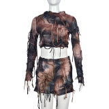 Autumn Crop Tie-Dyed Long Sleeve Slim Two Piece Skirt Set For Women