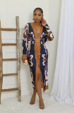 Women's Autumn Casual Printed V-Neck Long-Sleeved Sexy Dress