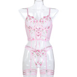Pink Embroidery Floral Lace-Up Sexy Three-Piece Lingerie Set