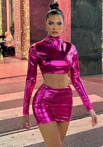Autumn Sexy Rose Red Slim Long Sleeve Crop Two Piece Skirt Set