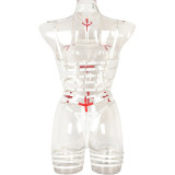 Women's Lace-Up Cross Halter Neck Sexy Mesh See-Through Three-Piece Lingerie Set