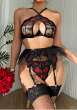 Sexy Lingerie Lips Embroidery Lace See-Through Bra Short Skirt Thong Three-Piece Set