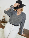 Plus Size Women's Long Sleeve Career Loose Lace Bow Top