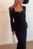 Autumn Winter Long Sleeves Career Pocket Casual Loose Party Two-Piece Suit