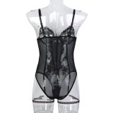 Women's Heart Print Jacquard Lace Bow Bodysuit Strap Sexy Lingerie