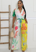 Women's Printed Short Sleeve Casual High Waist Wide Leg Fashion Jumpsuit