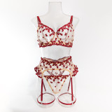 Women Embroidered Flowers Gathered See-Through Sexy Lingerie Set