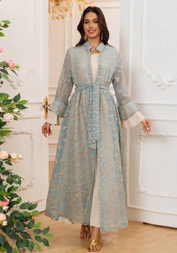 Autumn Winter Dubai Bell Bottom Sleeve Elegant Long Dress Embroidered Robe Cardigan Two-Piece Suit