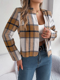 Autumn Winter Casual Plaid Long Sleeve Women Tweed Coat