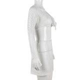 Autumn Sexy Slim Hollow Crop Mesh Two Piece Skirt Set