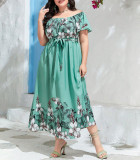 Off Shoulder Slim Waist Print A-Line Plus Size Elegant Chic Holidays Long Dress